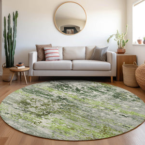 HomeRoots 8' Round Abstract Area Rug in Artichoke Green, Ivory & Gray - Durable, Washable for Indoor/Outdoor Use 621942