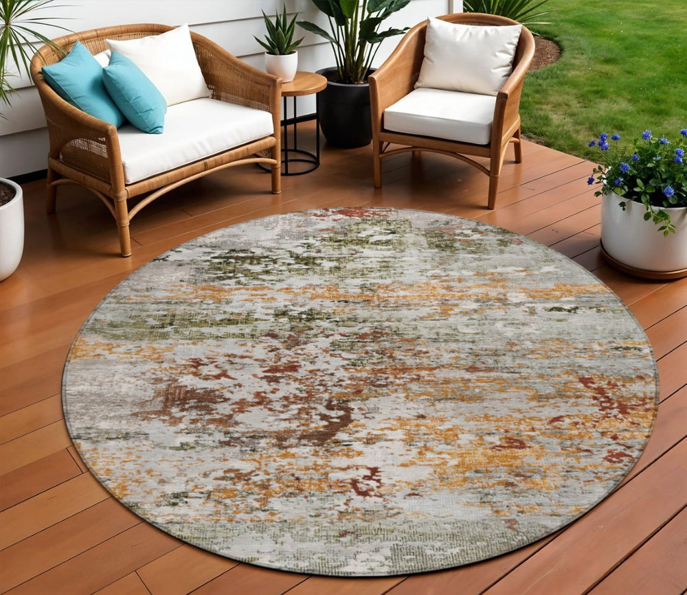 HomeRoots 8' Round Abstract Area Rug in Terra Cotta, Gray & Ivory - Durable, Washable for Indoor/Outdoor Use! 621978