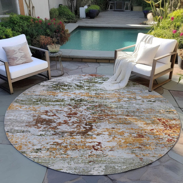 HomeRoots 8' Round Abstract Area Rug in Terra Cotta, Gray & Ivory - Durable, Washable for Indoor/Outdoor Use! 621978