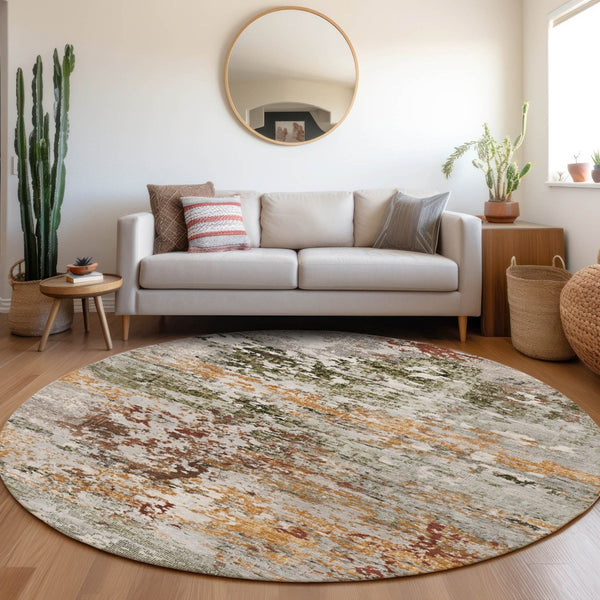 HomeRoots 8' Round Abstract Area Rug in Terra Cotta, Gray & Ivory - Durable, Washable for Indoor/Outdoor Use! 621978