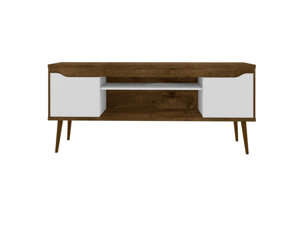 English Elm Bradley Rustic Brown And White 63" Tv Stand With Soft-Close Doors, Open Shelving, And Stylish Legs B365P398368