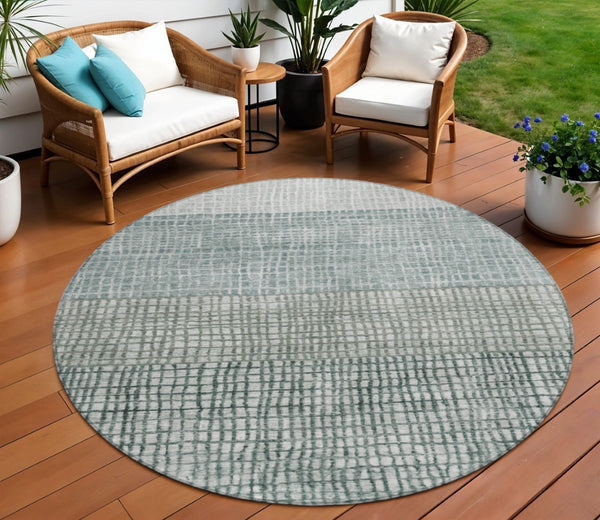 HomeRoots 8' Aqua and Gray Round Rug – Stylish Washable Geometric Design for Indoor & Outdoor Spaces! 621990
