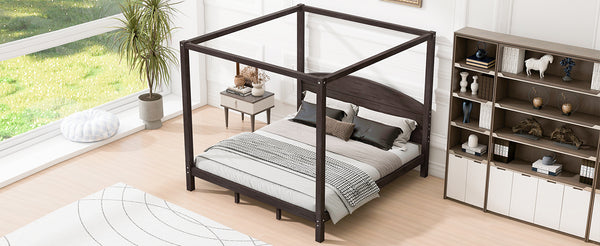 English Elm King Canopy Platform Bed with Headboard and Support Legs — Modern Pine Wood Frame, Sturdy 650lb Capacity Brown WF309291AAD