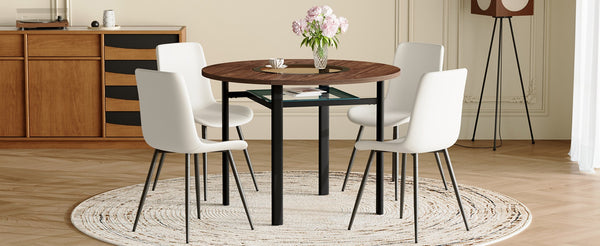 English Elm Table and Chair Set 42 Inch Round Wood Grain Dining with 4 Linen Cushioned Seats Brown+Black,White W1151S04487