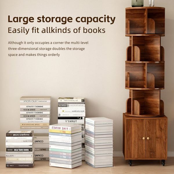 English Elm Rotating 360° Corner Bookshelf - 5-Tier Compact Storage Rack With Drawer For Small Spaces, Walnut W2641P329220-GIGA