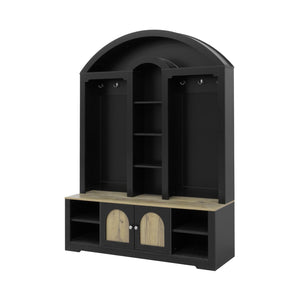 English Elm Multi-functional Hall Tree with Mdf Body Open Shelves Hooks and Scandinavian Two-tone Style Black+Natural SJ000158AAB
