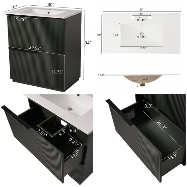 English Elm Christopher Knight Home® - 30" Bathroom Vanity With Elegant Ceramic Sink, Soft-Close Drawers & Fluted Green Design For Modern Spaces N817P295760G