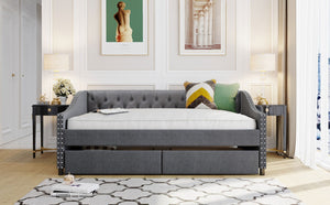 English Elm Upholstered Full Daybed with Linen Tufted Back Rivet Arms and Two Storage Drawers LP002111AAE
