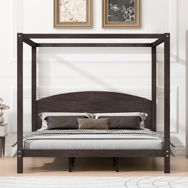 English Elm King Canopy Platform Bed with Headboard and Support Legs — Modern Pine Wood Frame, Sturdy 650lb Capacity Brown WF309291AAD