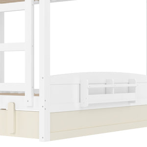 English Elm Queen Bunk Bed with Trundle Solid Pine Kids Car Themed Frame Built-in Bookshelf Beige+White W1580S00446
