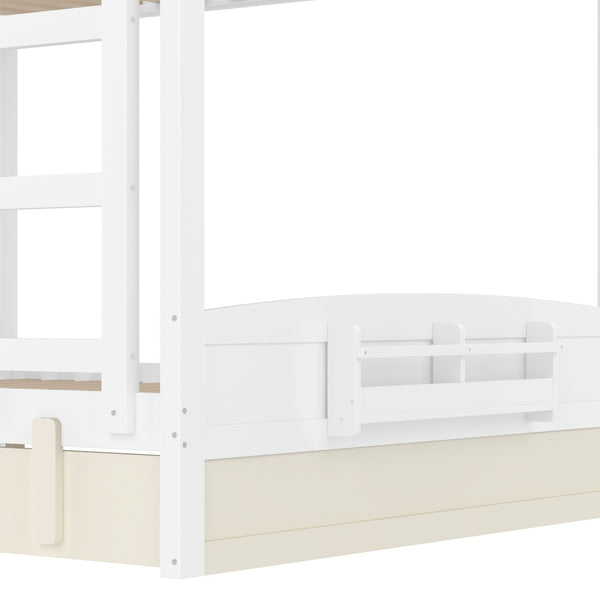 English Elm Queen Bunk Bed with Trundle Solid Pine Kids Car Themed Frame Built-in Bookshelf Beige+White W1580S00446
