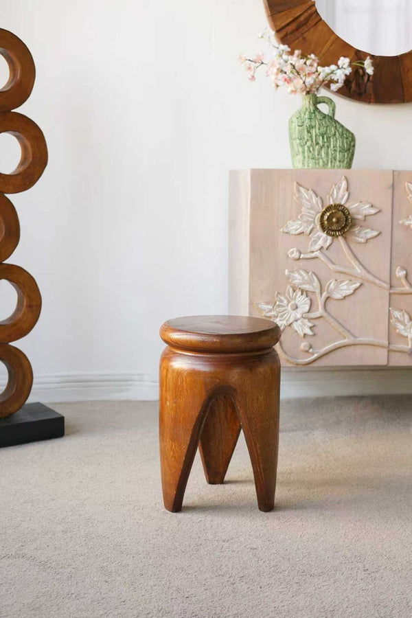 English Elm 11x11x16.5" Solid Paulownia Wood Side Table Hand Carved Three Leg Earthy Accent W2078P461605
