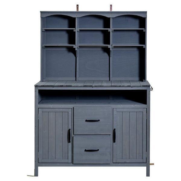 English Elm (with Hutch) Topmax Solid Fir Outdoor Potting Bench Station Cabinets Drawers Patio Garden Gray N717P404332E