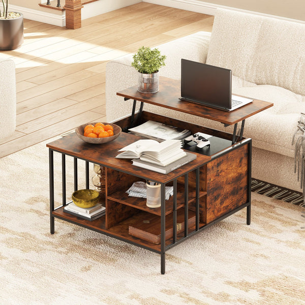 English Elm Farmhouse Lift Top Coffee Table With Hidden Storage - Adjustable Height Centerpiece For Modern Living T2398P354183
