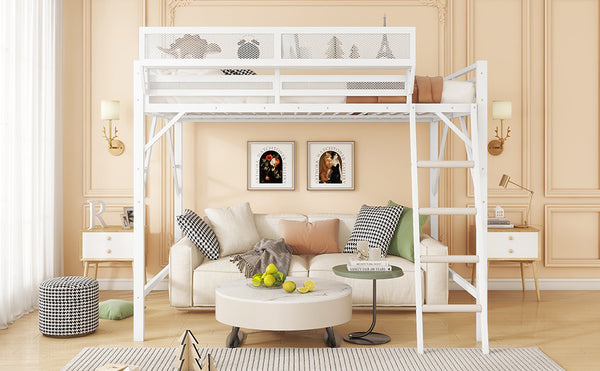 English Elm Full Size Loft Bed with Ladder and Built-In Shelves, Sturdy Metal High Loft for Kids Teens 54" White W2580P379995