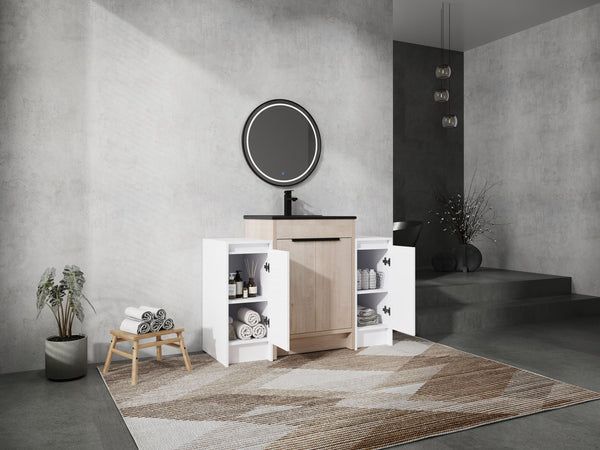 English Elm 48 Inch Freestanding Bathroom Vanity With Black Ceramic Sink, Soft-Close Doors & Ample Storage W999S00313