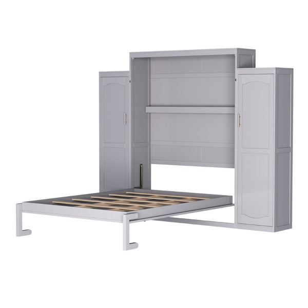 English Elm Queen Murphy Wall Bed Gray Pine Platform Frame with Dual Wardrobe Storage Shelves N733S339767E