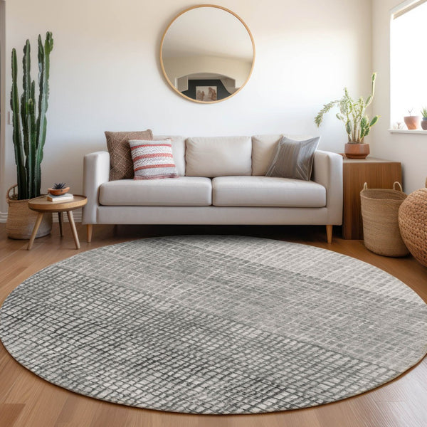 HomeRoots 8' Gray and Silver Round Geometric Area Rug - Stylish, Washable, Durable for Indoor & Outdoor Use 622020