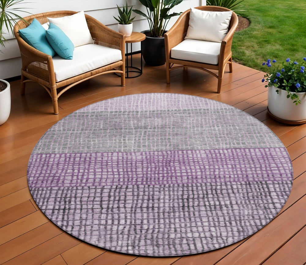 HomeRoots 8' Plum and Gray Round Geometric Area Rug – Durable, Washable, Stylish for Indoor/Outdoor Spaces 622026