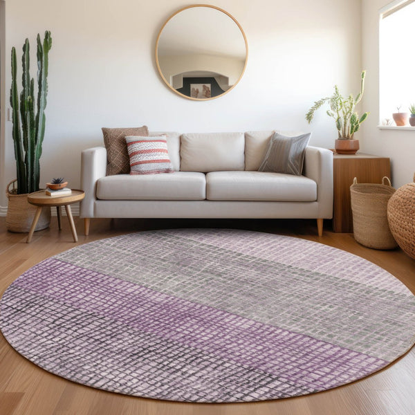 HomeRoots 8' Plum and Gray Round Geometric Area Rug – Durable, Washable, Stylish for Indoor/Outdoor Spaces 622026