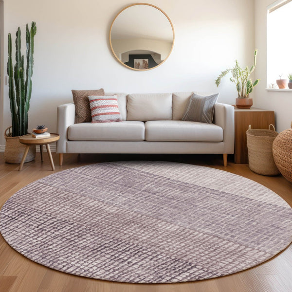 HomeRoots 8' Purple And Ivory Round Geometric Area Rug – Durable, Washable, Modern Design for Indoor & Outdoor Use 622032