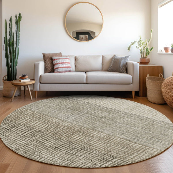HomeRoots 8' Taupe and Ivory Round Geometric Area Rug - Durable, Washable, Indoor/Outdoor Style for Any Space 622056