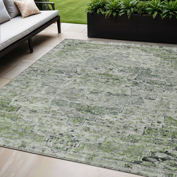 HomeRoots 5' Stylish Artichoke Green and Gray Medallion Washable Area Rug for Indoor and Outdoor Spaces 622061