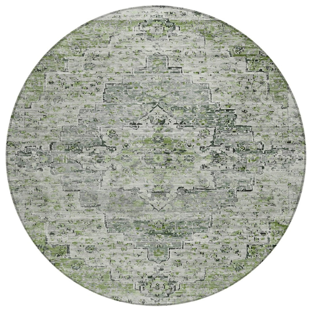 HomeRoots 8' Stylish Artichoke Green and Gray Round Medallion Rug - Indoor/Outdoor, Washable, Durable Design! 622062