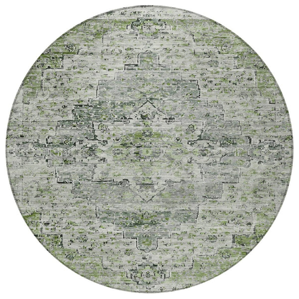 HomeRoots 8' Stylish Artichoke Green and Gray Round Medallion Rug - Indoor/Outdoor, Washable, Durable Design! 622062