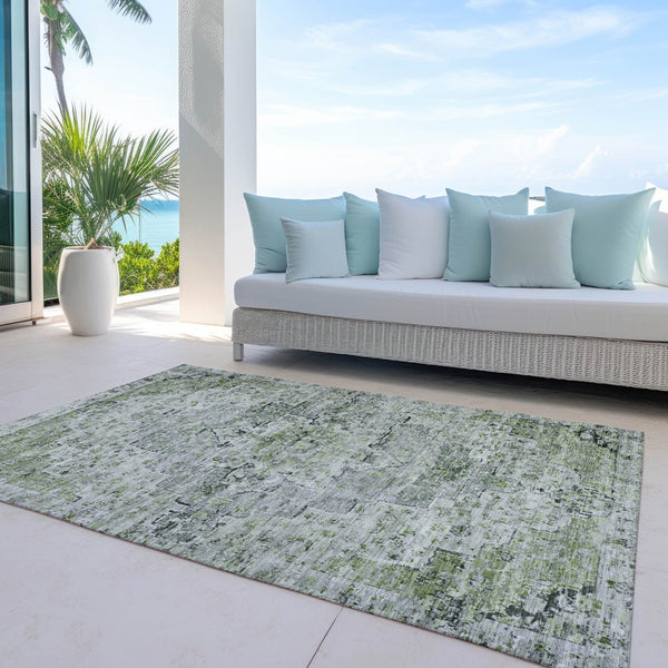 HomeRoots 10' Medallion Area Rug in Artichoke Green & Gray – Washable, Durable, Indoor/Outdoor Versatility! 622065