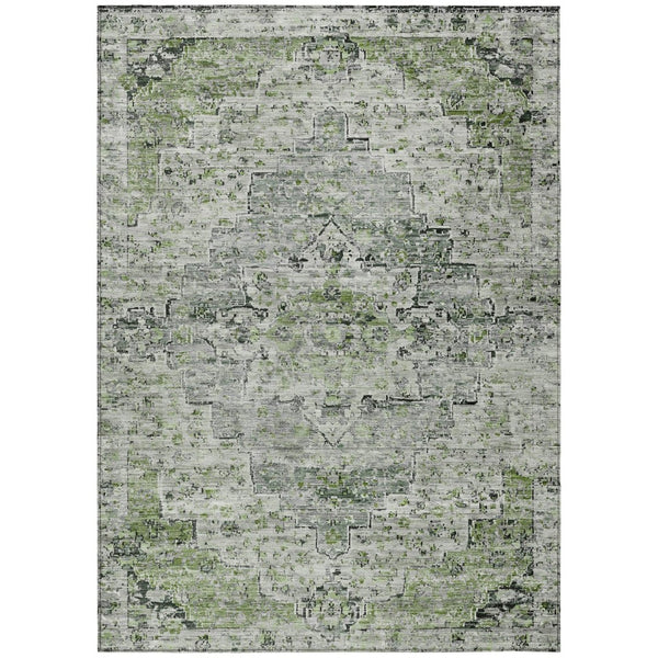 HomeRoots 10' Medallion Area Rug in Artichoke Green & Gray – Washable, Durable, Indoor/Outdoor Versatility! 622065