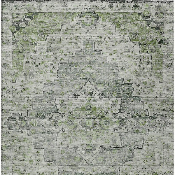 HomeRoots 10' Medallion Area Rug in Artichoke Green & Gray – Washable, Durable, Indoor/Outdoor Versatility! 622065