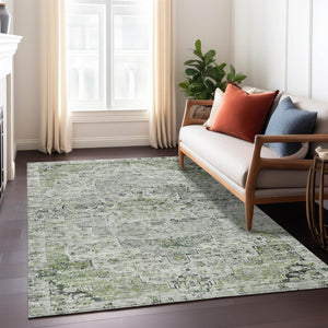 HomeRoots 10' Medallion Area Rug in Artichoke Green & Gray – Washable, Durable, Indoor/Outdoor Versatility! 622065