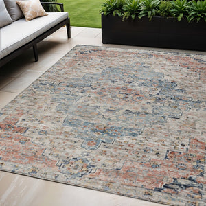 HomeRoots 5' X 8' Beige and Denim Blue Medallion Area Rug - Washable, Durable, Versatile for Indoor/Outdoor Use 622067