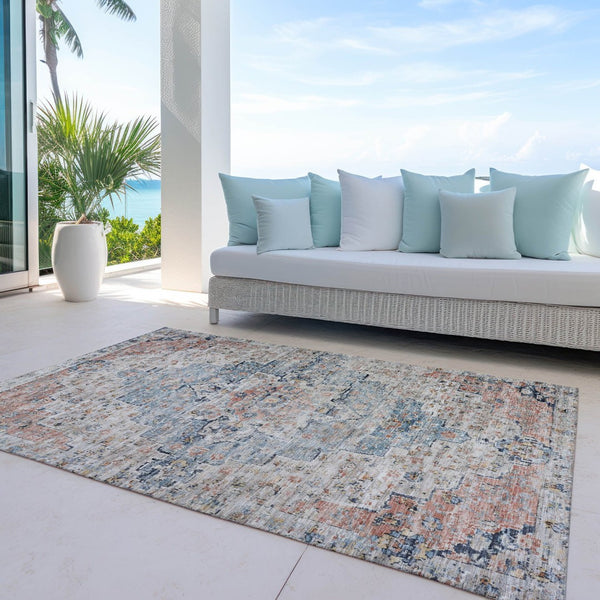 HomeRoots 5' X 8' Beige and Denim Blue Medallion Area Rug - Washable, Durable, Versatile for Indoor/Outdoor Use 622067