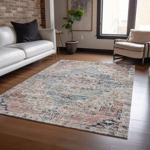 HomeRoots 5' X 8' Beige and Denim Blue Medallion Area Rug - Washable, Durable, Versatile for Indoor/Outdoor Use 622067