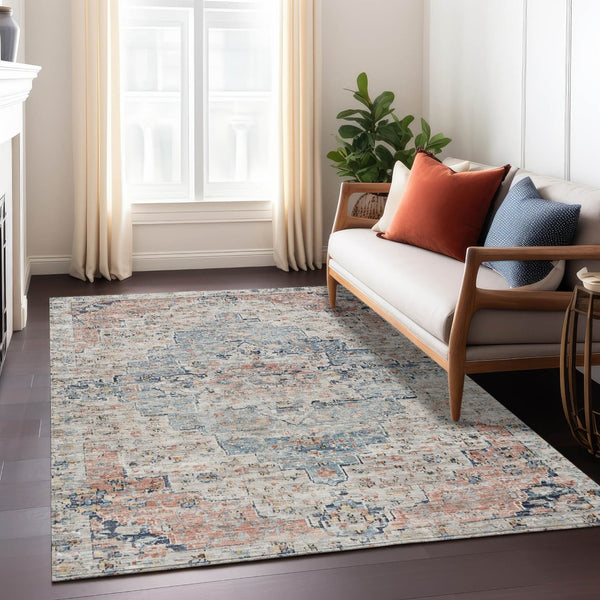 HomeRoots 5' X 8' Beige and Denim Blue Medallion Area Rug - Washable, Durable, Versatile for Indoor/Outdoor Use 622067