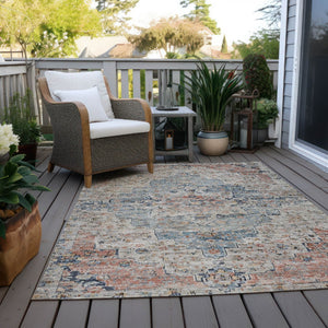 HomeRoots 5' X 8' Beige and Denim Blue Medallion Area Rug - Washable, Durable, Versatile for Indoor/Outdoor Use 622067