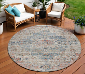 HomeRoots 8' Round Medallion Rug in Beige & Denim Blue – Stylish, Washable, Indoor/Outdoor Decor Solution 622068