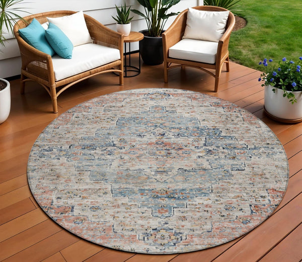 HomeRoots 8' Round Medallion Rug in Beige & Denim Blue – Stylish, Washable, Indoor/Outdoor Decor Solution 622068