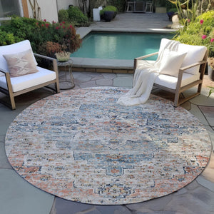HomeRoots 8' Round Medallion Rug in Beige & Denim Blue – Stylish, Washable, Indoor/Outdoor Decor Solution 622068