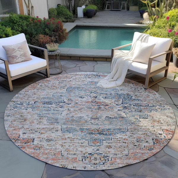 HomeRoots 8' Round Medallion Rug in Beige & Denim Blue – Stylish, Washable, Indoor/Outdoor Decor Solution 622068