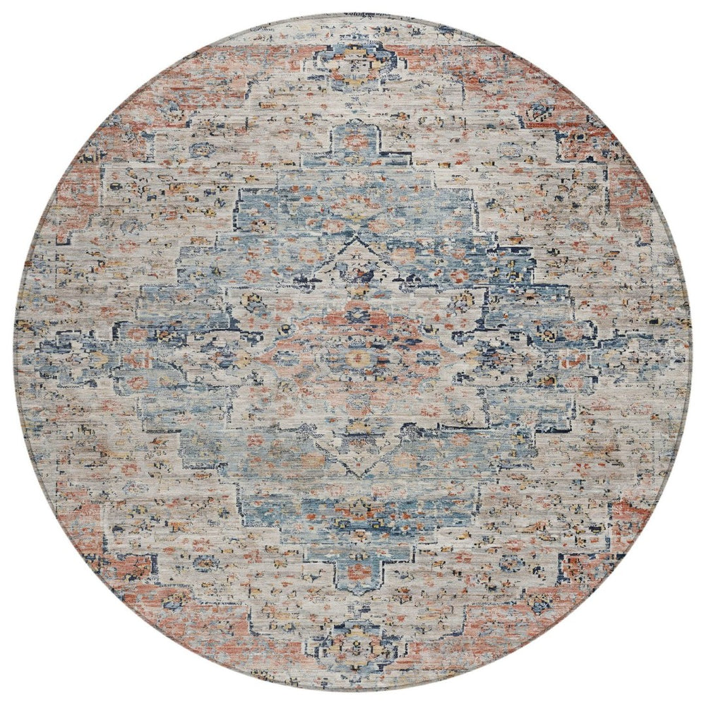 HomeRoots 8' Round Medallion Rug in Beige & Denim Blue – Stylish, Washable, Indoor/Outdoor Decor Solution 622068