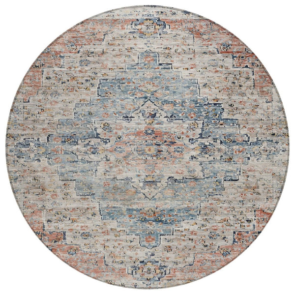 HomeRoots 8' Round Medallion Rug in Beige & Denim Blue – Stylish, Washable, Indoor/Outdoor Decor Solution 622068