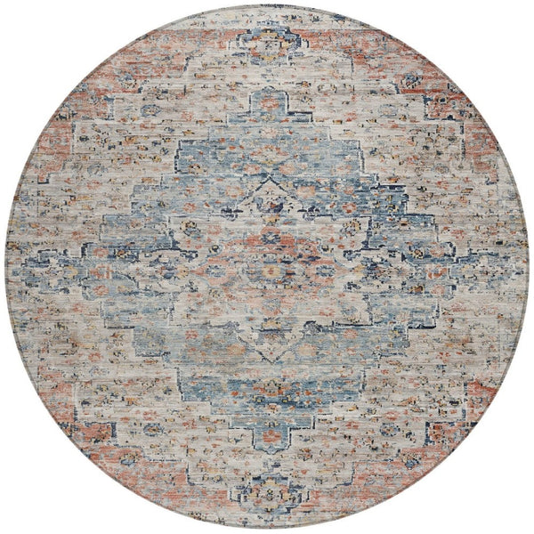 HomeRoots 8' Round Medallion Rug in Beige & Denim Blue – Stylish, Washable, Indoor/Outdoor Decor Solution 622068