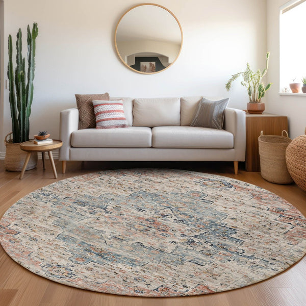 HomeRoots 8' Round Medallion Rug in Beige & Denim Blue – Stylish, Washable, Indoor/Outdoor Decor Solution 622068