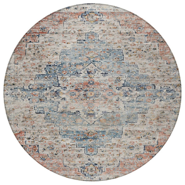 HomeRoots 8' Round Medallion Rug in Beige & Denim Blue – Stylish, Washable, Indoor/Outdoor Decor Solution 622068