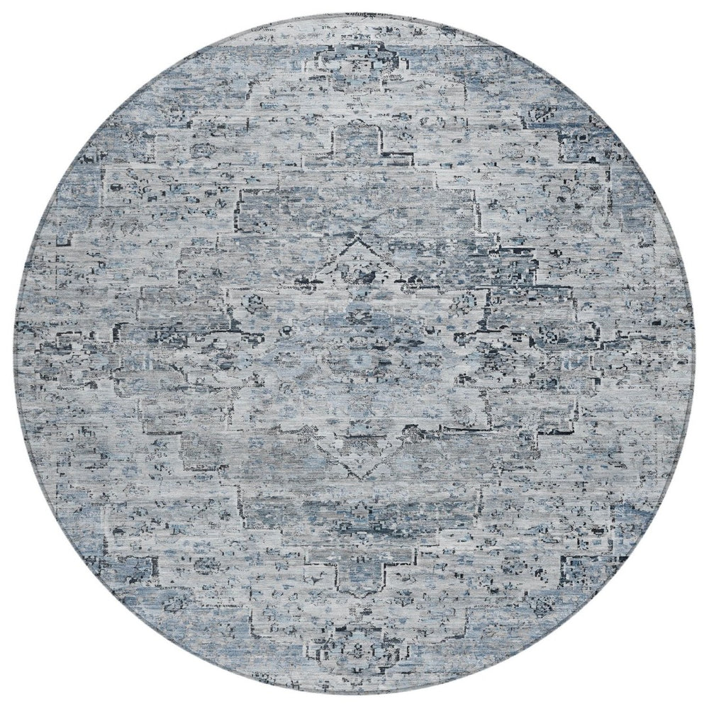 HomeRoots 8' Sky Blue & Denim Blue Round Medallion Rug - Durable, Washable, Indoor/Outdoor for Busy Homes 622080