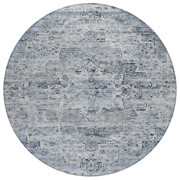 HomeRoots 8' Sky Blue & Denim Blue Round Medallion Rug - Durable, Washable, Indoor/Outdoor for Busy Homes 622080