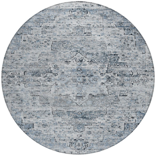 HomeRoots 8' Sky Blue & Denim Blue Round Medallion Rug - Durable, Washable, Indoor/Outdoor for Busy Homes 622080